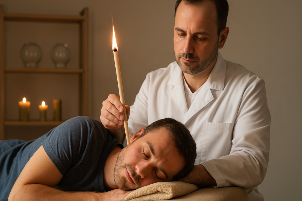 Terapeuta wykonujący konchowanie uszu świecą w gabinecie naturalnych terapii